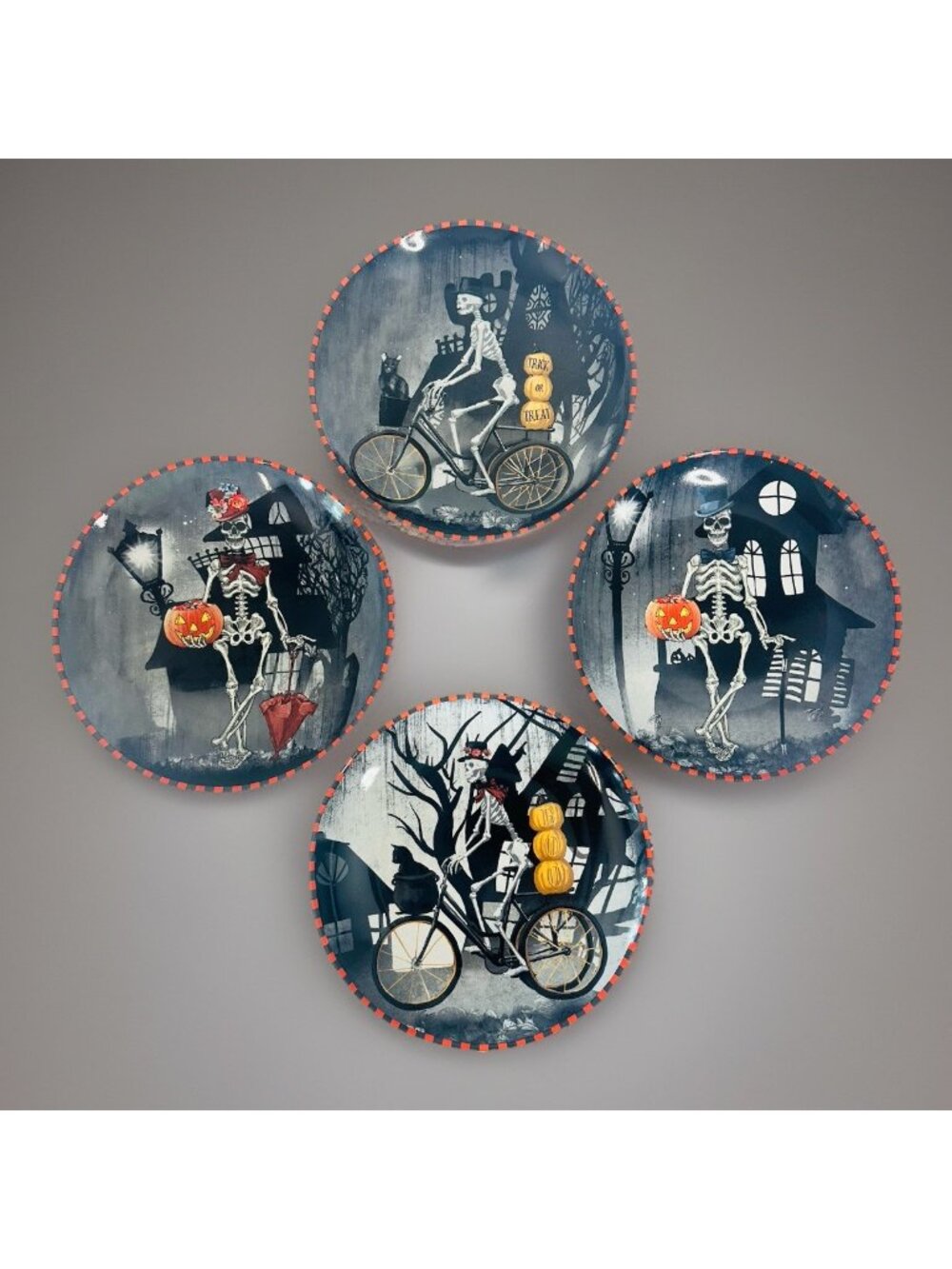 222 Fifth Dapper Skeleton Halloween Plates 4x Porcelain 8” Bicycle Day Of Dead